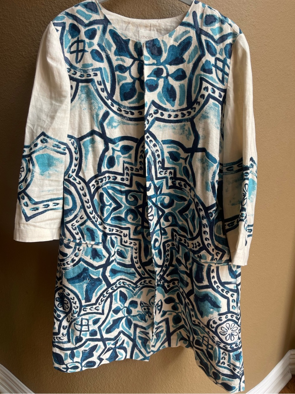 Chico's Artisan Batik Watercolor 100% Linen Jacket Blue Cream Size 2 L - Picture 2 of 9